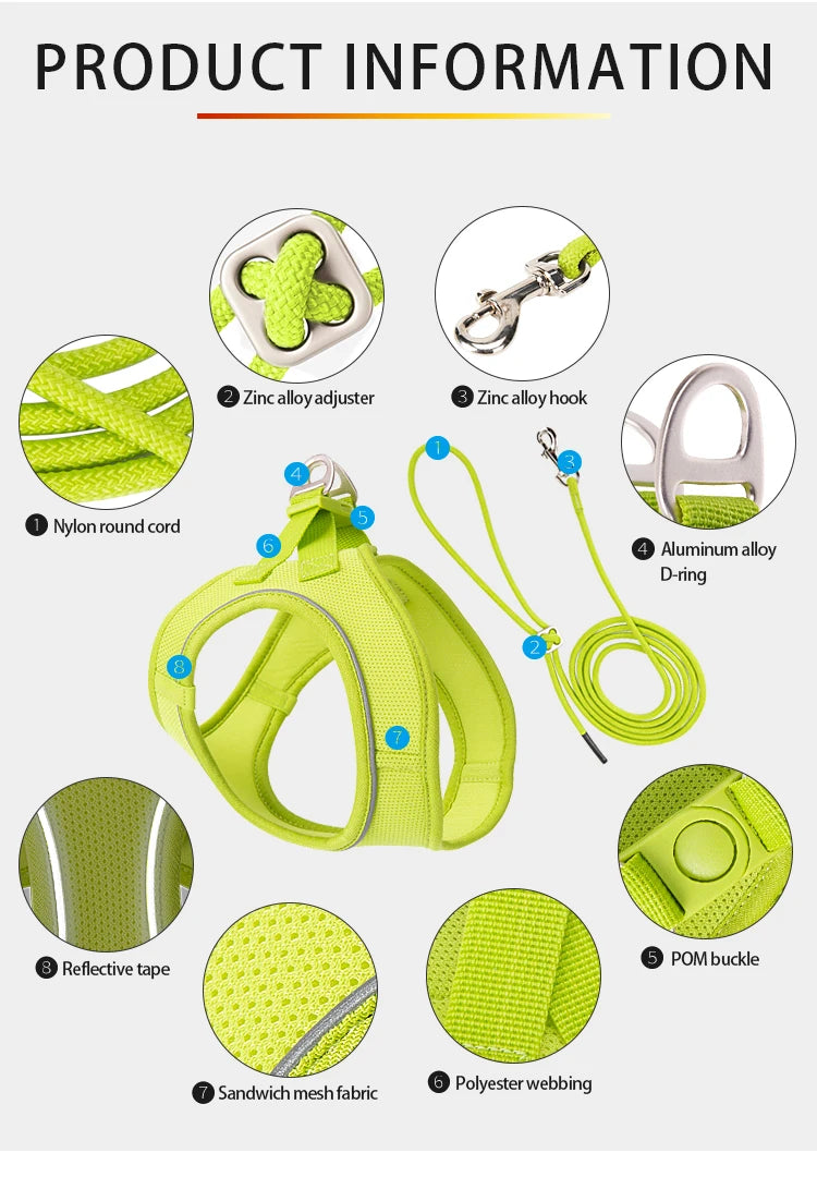 Adjustable Reflective Dog & Cat Harness Leash Set – Small & Medium Pets