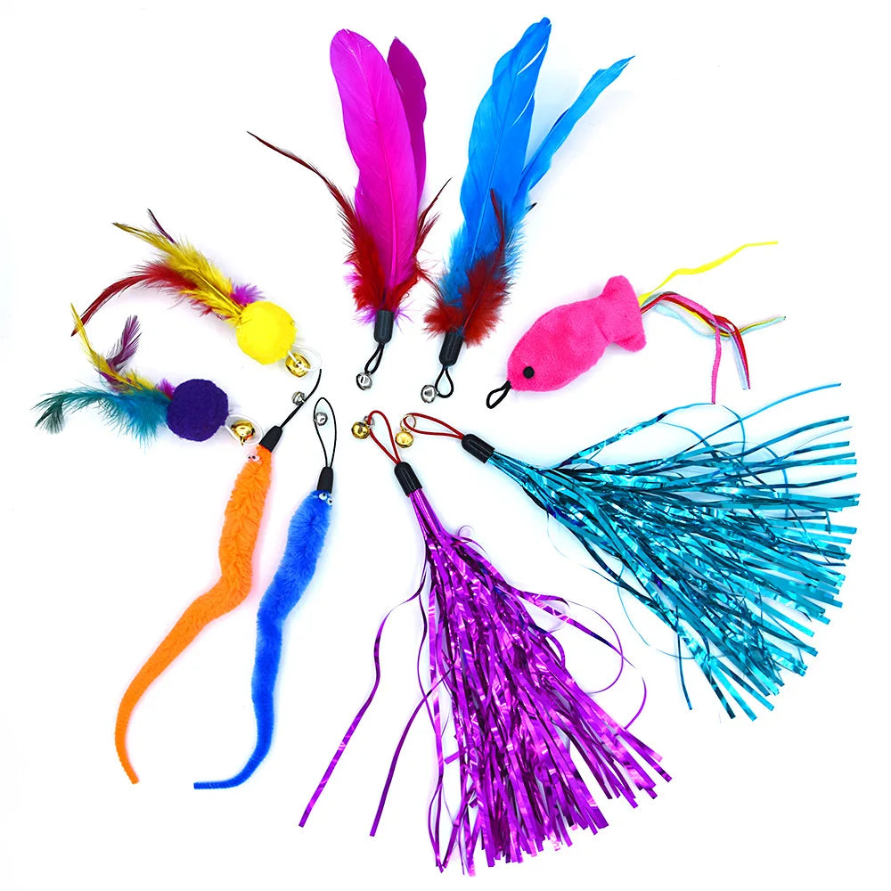 9-Pack Colorful Feather Replacement Heads – Interactive Cat Stick Toy