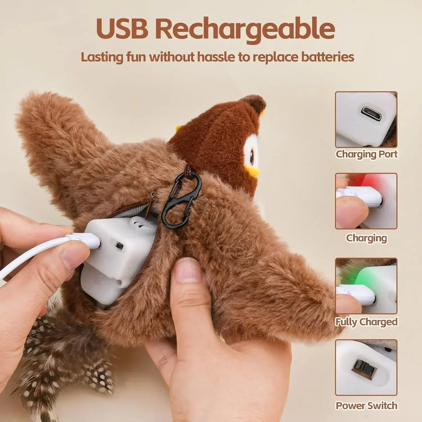 Catnip Electric Bird Toy – USB Rechargeable Touch-Activated Plush