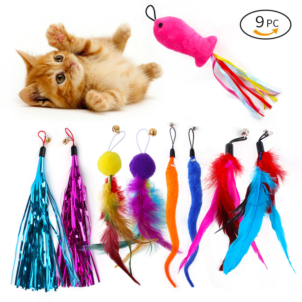 9-Pack Colorful Feather Replacement Heads – Interactive Cat Stick Toy