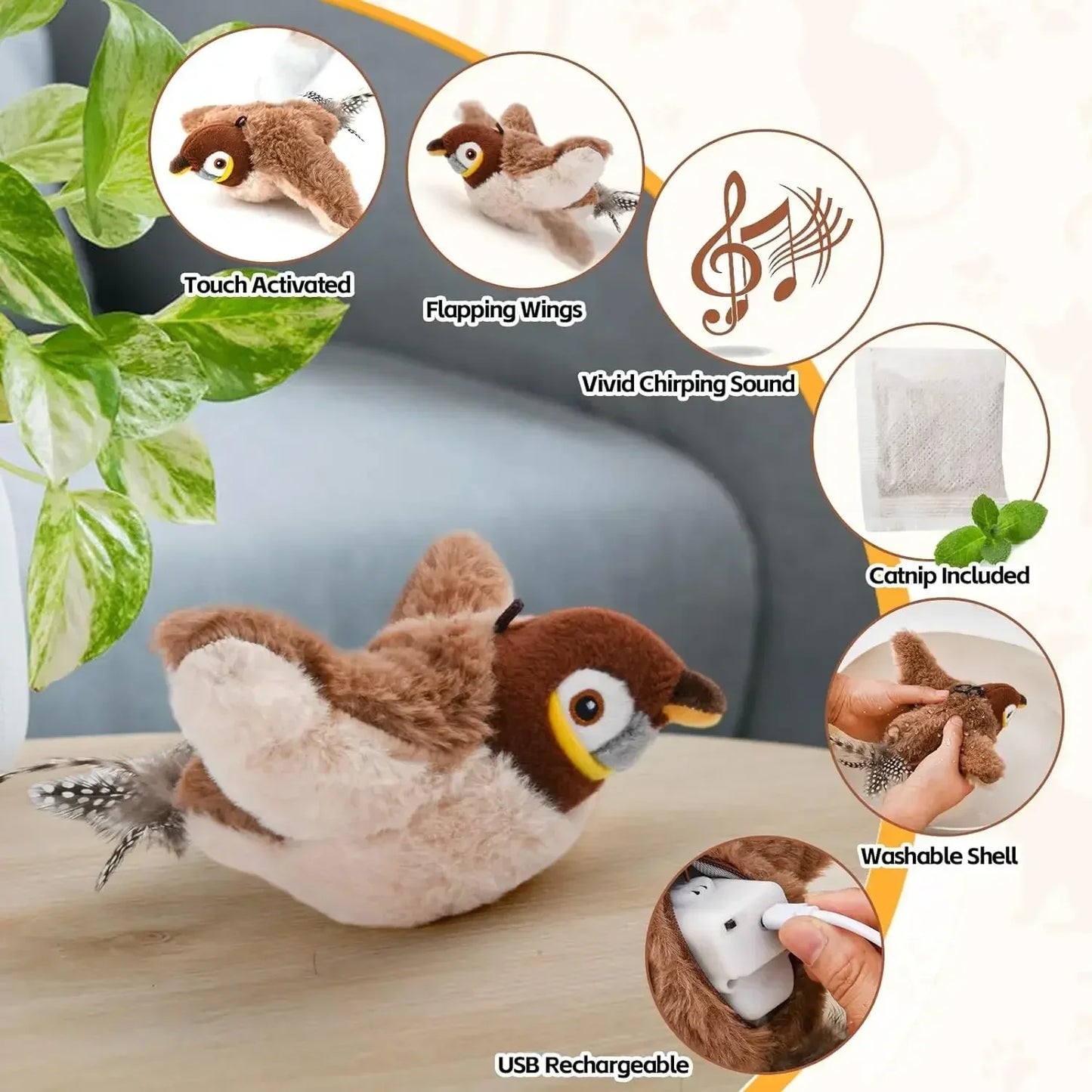 Catnip Electric Bird Toy – USB Rechargeable Touch-Activated Plush